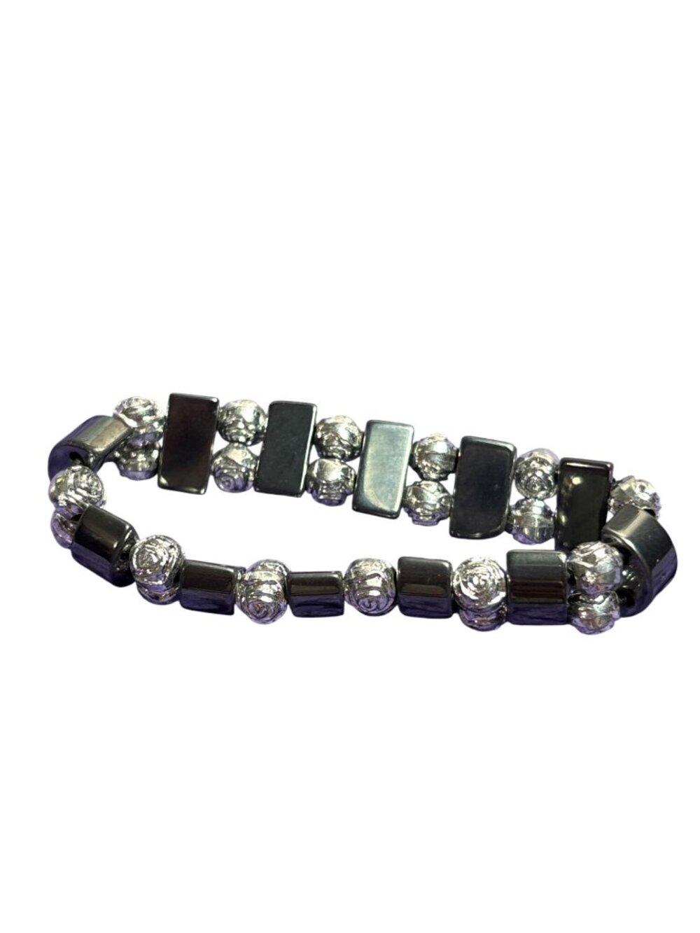 Hematite Silvertone Roses Beaded Stretchy Bracelet 5.25 inches Unstretched - Picture 2 of 3